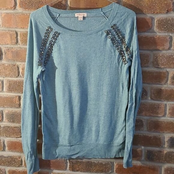 Merona XS Sequined Pullover Blue Silver Sweater - Picture 1 of 4